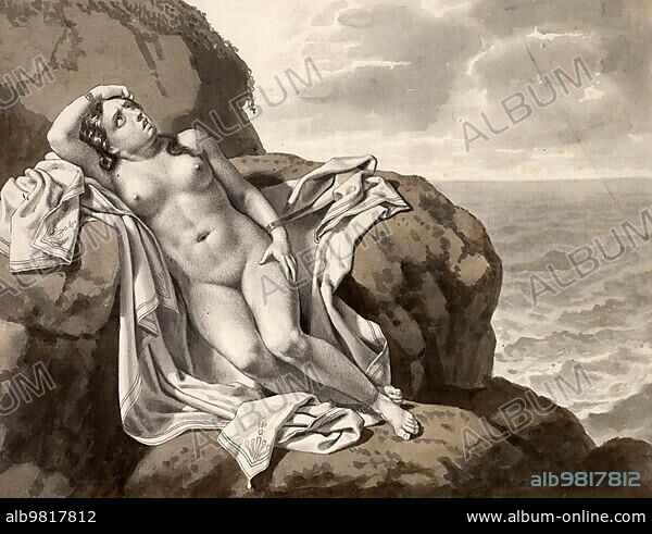 Andromeda; in Greek mythology the wife of Perseus and the daughter of the Ethiopian king Cepheus and Cassiopeia; chained to the rock; after a painting by Christoffer Wilhelm Eckersberg (2 January 1783) (22 July 1853); Historical; digitally restored reproduction from a 19th century original.