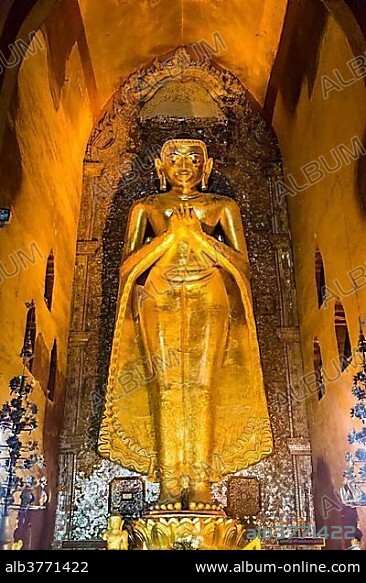 Giant Golden Buddha in Ananda Pahto Temple, Bagan, Myanmar, Asia.