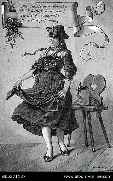 Schuhplattler, a traditional Austro-Bavarian folk dance, Germany, historical engraving, about 1888, Europe.