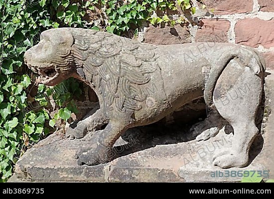 Guardian lion at St. Peter's Cathedral, Worms, Rhineland-Palatinate, Germany, Europe.
