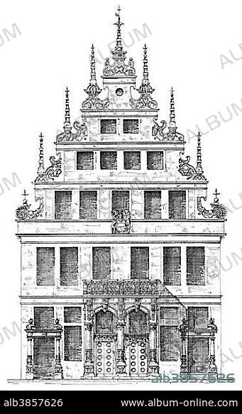 German Renaissance, architectural drawing, historical house facade from around 1880, town house on Prinzipalmarkt square, Münster, North Rhine-Westphalia, Germany, Europe.