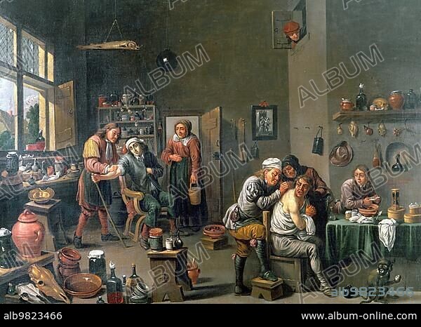 Medicine; Anatomy; Surgery; Interior view of an operating theatre with two surgeons; one bleeding a man's arm and the other treating a man's back; Historical; digitally restored reproduction from a 19th century original.