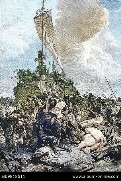 The Battle of Legnano took place on 29 May 1176 between the troops of the Holy Roman Empire led by Emperor Frederick Barbarossa and the Lombard League; Historical; digitally restored reproduction of a 19th century original.