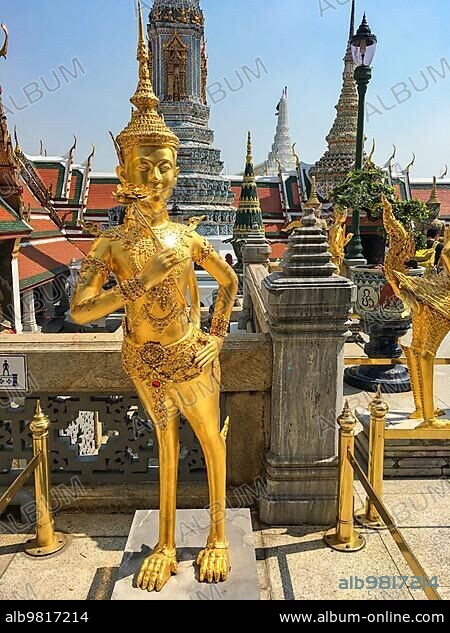 Statue of a Kinnara in Wat Phra Kaew in Bangkok; Thailand. In Southeast Asian mythology; Kinnaris are depicted as half-bird; half-woman creatures.