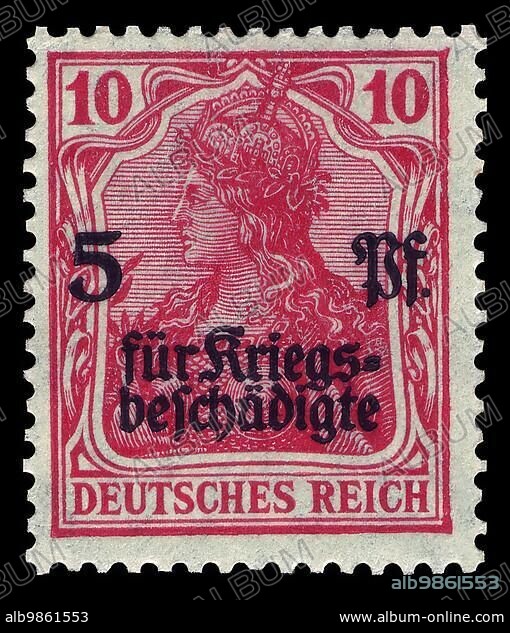 Stamp vintage 1919 of the German Reichspost, For the war-affected, surcharge stamp Germania with overprint, 10 + 5 Pfennig, Historic, digitally restored reproduction.