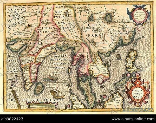 Atlas; map from 1623; Bay of Bengal; India; Siam; Thailand; Sumatra; Asia; digitally restored reproduction from an engraving by Gerhard Mercator; born as Gheert Cremer; 5 March 1512; 2 December 1594; geographer and cartographer; Asia.