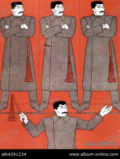 Satirical cartoon by Schilling against Stalin. . 30th anniversary of the Soviet state: on the l., the Komintern leader, in the middle the head of state, on the r. the leader of the Communist Party. c.1935-1939. U.S.S.R.. Paris. Bibliothèque nationale.