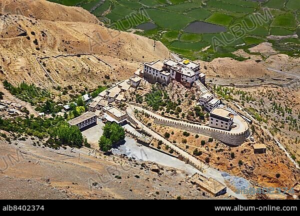 Aerial view of Ki Gompa (also spelled Key or Kee) is a Tibetan Buddhist monastery, the biggest monastery of Spiti Valley. Spiti Valley, Himachal Pradesh, India, Asia.
