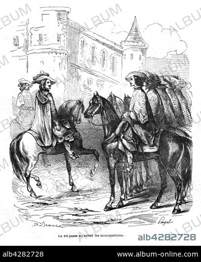 The Three Musketeers. King Louis XIII inspecting the Musketeers. Engraving, 19th century . Alexandre Dumas. Private collection.