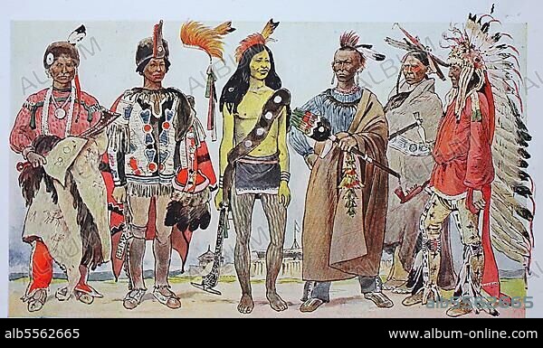 Kleidung, Mode in Nordamerika, Indianer, von links, ein Iowa-Häuptling mit Bibermütze und Feder, dann ein Häuptling der Saki, dann ein junger Sioux, dann ein Indianer in weißer Kleidung, dann ein Häuptling, und ein Häuptling der Pawnee, digital restaurierte Reproduktion einer Originalvorlage aus dem 19. Jahrhundert.