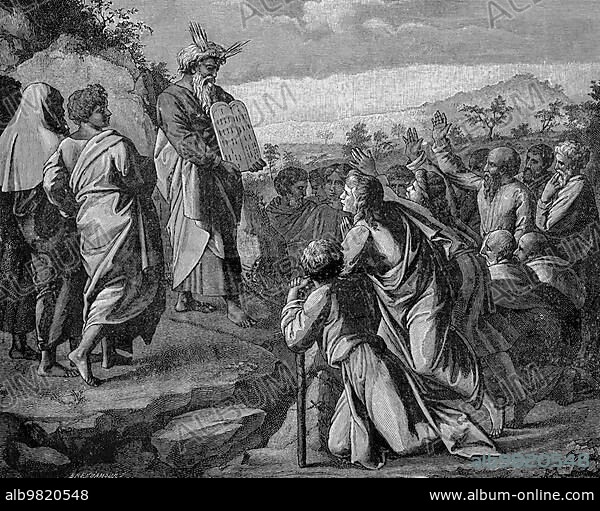 Moses shows the people the tablets of the law; Second Book of Moses; Chapter 34; Verses 4-35; Old Testament; Bible; Moses; laws; tablets; tablets of the law; stone; God; Mount Sinai; descend; Aaron; children of Israel; talk; landscape; historical illustration 1890.