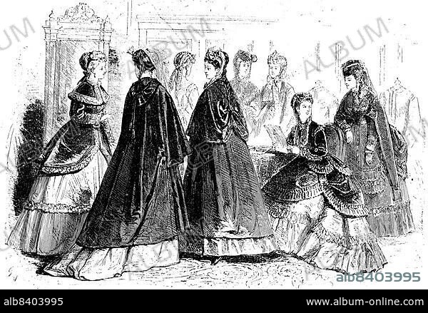Fashion of the season summer 1868 in Paris, elegant woman in elaborate dresses, France, Historic, digitally restored reproduction of a 19th century original, exact original date not known, Europe.