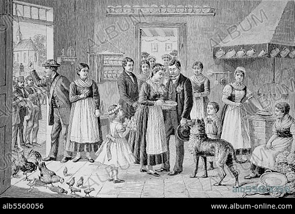 Hochzeit in Pommern, Tradition: Braut beim Suppe essen, Historisch, digital restaurierte Reproduktion einer Originalvorlage aus dem 19. Jahrhundert.