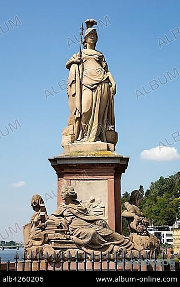 Goddess Minerva, Monument, Karl Theodor Bridge, Old Bridge, Heidelberg, Baden-Württemberg, Germany, Europe.