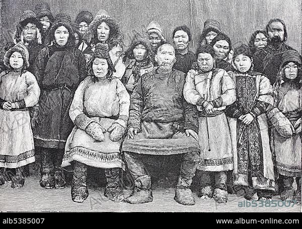 Group of Nanai people, also Golds, Goldes, Goldi, Heje, and Samagir, 1879, historical woodcut, Russia, Europe.