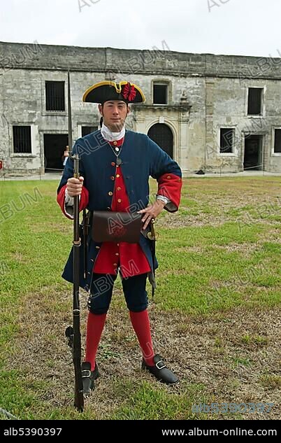 Soldier in british uniform in the Castillo de San Marcos, oldest stone fort of the US, Florida, USA, North America.