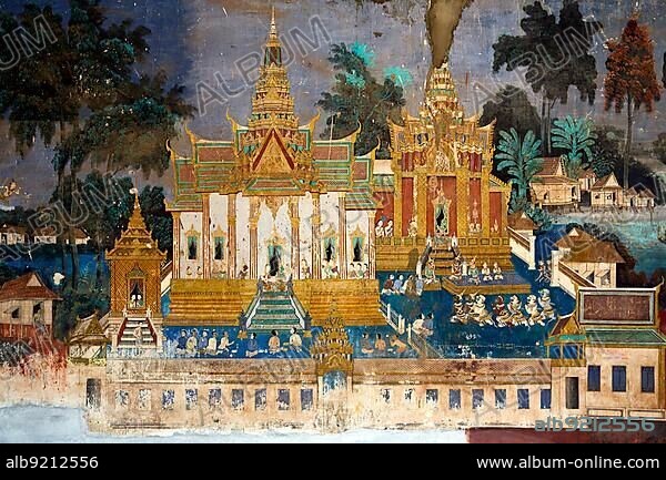 Murals of scenes from the Khmer (Reamker) version of the classic Indian epic Ramayana, Royal Palace, Phnom Penh, Cambodia, Asia.