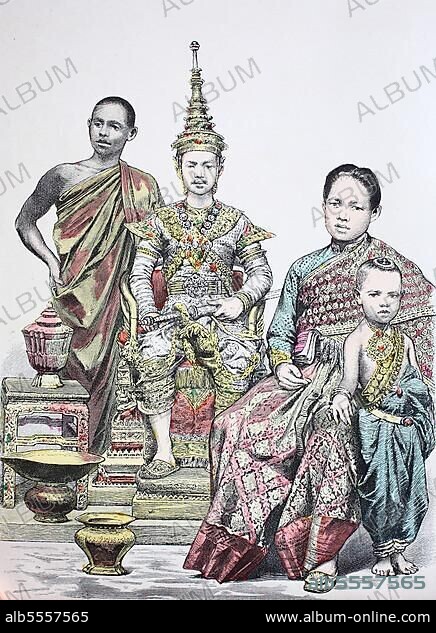 Folk traditional costume, clothing, history of costumes, Buddha monk and King and Queen of Siam, 1885, Thailand, digitally restored reproduction of a 19th century original, exact date unknown, Asia.
