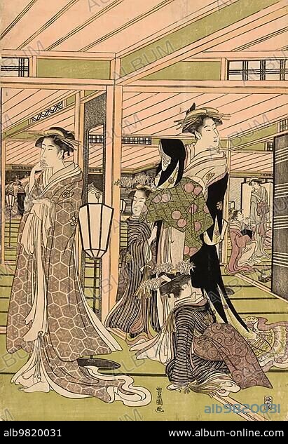 Prostitution; the parlour of a brothel in the pleasure quarter; c. 1800; Japan; Historical; digitally restored reproduction from a 19th century original; Asia.