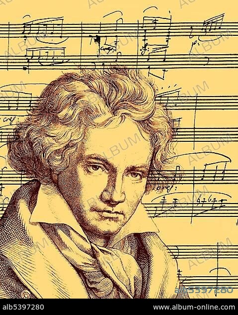 Historical drawing from the 19th Century, manuscript, handwritten sheet music, A flat major Sonata Op. 26, portrait of Ludwig van Beethoven, 1770-1827, German composer of the Classical Period.