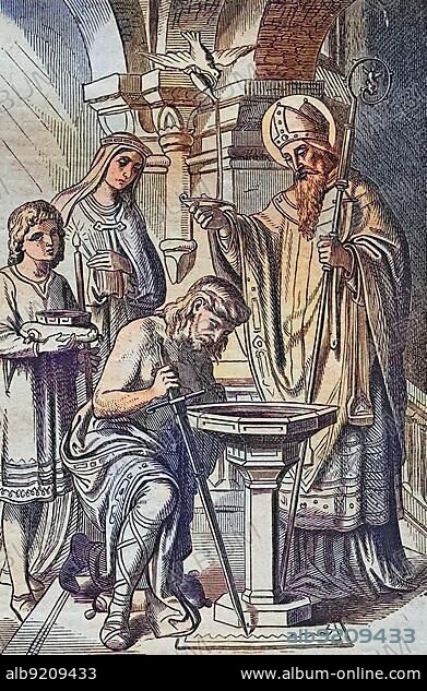 Biblical History, The Baptism of Clovis, Clovis I, born 466, died 27 November 511, a Frankish king or rex from the dynasty of the Merovingians, Historical steel engraving from 1860.