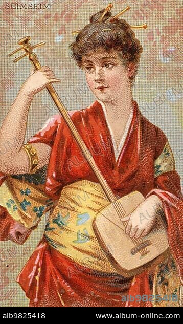 Musical instruments; Woman playing a musical instrument; Seimsein; Asian stringed instrument; Historical; digital reproduction of a 19th century collector's picture.