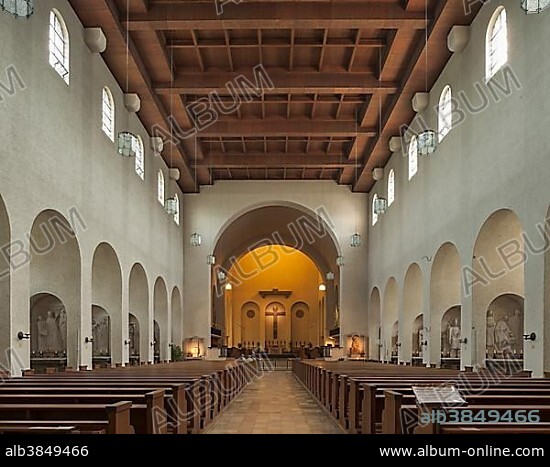 Nave, Interior, Münsterschwarzach Abbey, Benedictine monastery, 1938, Heimatschutzarchitektur, Nazi architecture, Schwarzach, Lower Franconia, Bavaria, Germany, Europe.