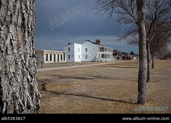 The bachelor officers' quarters, known as "Old Bedlam" at Fort Laramie National Historic Site; the U.S. Army post protected trappers, traders and emigrants on the Oregon Trail, and was a launching point for the Army's campaigns against the Northern Plains Indian tribes, Fort Laramie, Wyoming, USA, North America.