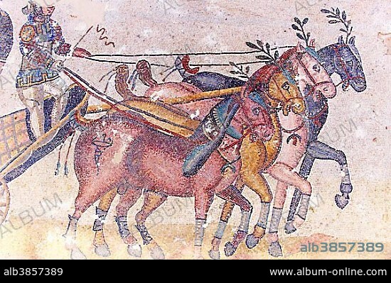 Circus Maximus, ancient Roman mosaic, at the Villa Romana del Casale, near Piazza Armerina, Sicily, Italy, Europe.