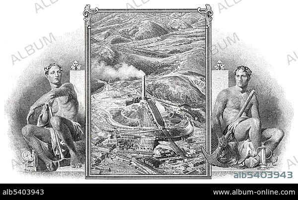 Historical stock certificate, detail of the vignette, allegorical representation of copper open pit mining with two miners, The Anaconda Copper Mining Company, 1965, Montana, USA, North America.