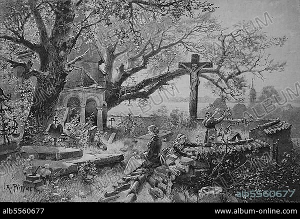 Friedhof am Starnberger See, Bayern, Deutschland, die Frau betet am Grab während die Kinder spielen, 1880, Historisch, digitale Reproduktion einer Originalvorlage aus dem 19. Jahrhundert, Originaldatum nicht bekannt.