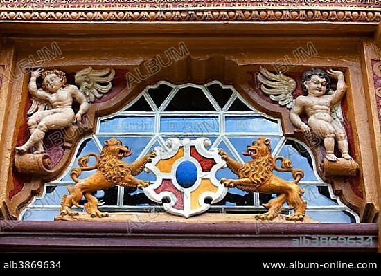 Wood carvings, Alte Lateinschule Alfeld building, Alfeld, Lower Saxony, Germany, Europe.
