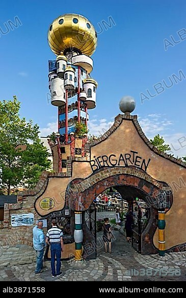 Kuchlbauer Tower, also Hundertwasser Tower by Friedensreich Hundertwasser and Peter Pelican in the beer garden of the Kuchlbauer brewery, Kuchlbauer's World of Beer, Abensberg, Lower Bavaria, Bavaria, Germany, Europe.