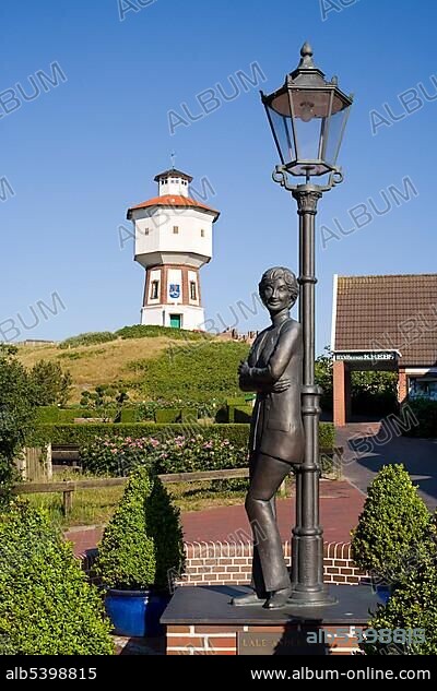 Monument for Lale Andersen, water tower at the back, Langeoog Island, East Frisian Islands, East Frisia, Lower Saxony, Germany, Europe.