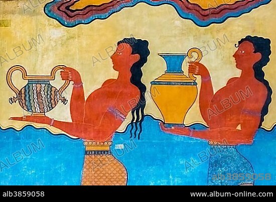 Procession, frescoes, reconstruction of Arthur Evans, Southern Propylaeum of Knossos, Minoan excavation site, parts of the Minoan temple complex of Knossos, Knossos Palace, ancient city of Knossos, Heraklion, Knossos, Crete, Greece, Europe.