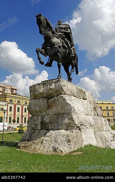 Skanderbeg monument in Skanderbeg Square in Tirana, Albania, Europe.