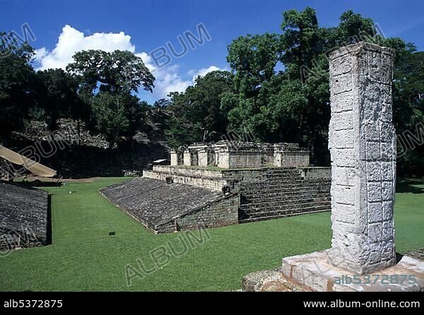 Ballcourt and relief of stone "2", Maya ruins of Copan, Honduras, Central America.