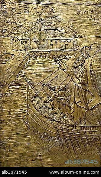 Relief, detail of bronze door, Cathedral of San Bartolomeo, Lipari town, Lipari, Aeolian Islands, Sicily, Italy, Europe.