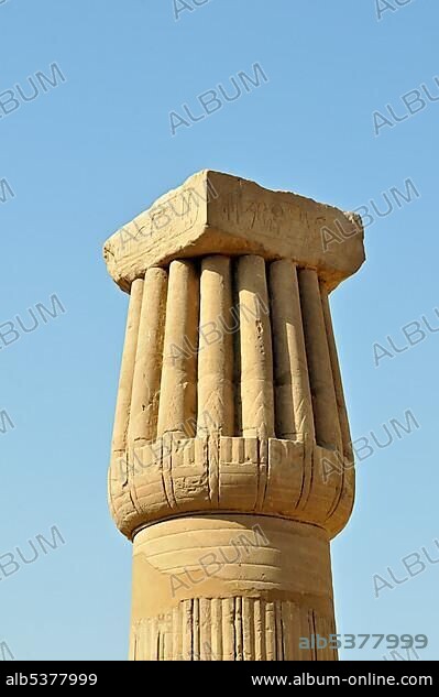 Detail of closed papyriform or papyrus column, capital and abacus at precinct of Amun-Re, Karnak temple complex near Luxor, Egypt, North Africa, Africa.