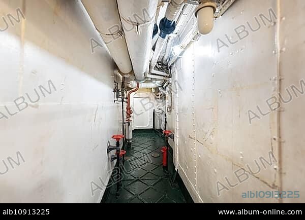 London, United Kingdom, May 13, 2019: HMS Belfast warship museum interior, saw action during the second world war, is now permanently moored as a museum ship on the River Thames in London, Europe.