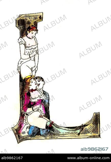 Letter L, The Erotic Alphabet, Sex, Man with Two Women, Frivolous Victorian Erotic Illustrations, circa 1850, England, Historical, Digitally enhanced reproduction of a 19th century original.
