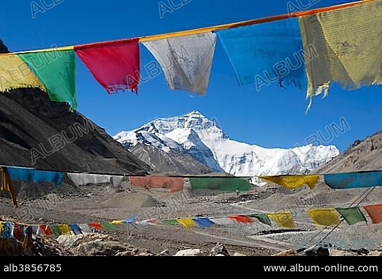 Colourful prayer flags with Mt. Everest Chomolungma Everest Base Camp Tibet China.