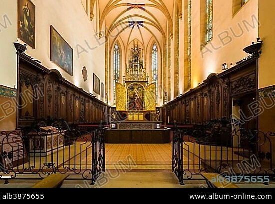 Choir with high altar Madonna im Rosenhag, Martin Schongauer, 1473, Franciscan church, Colmar, Alsace, Alsace, France, Europe.