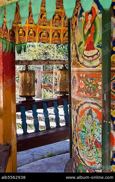 Prayer wheels in the Tibetan village of Shuzheng, Jiuzhaigou National Park, Sichuan Province, China, Unesco World Heritage Site, Asia.