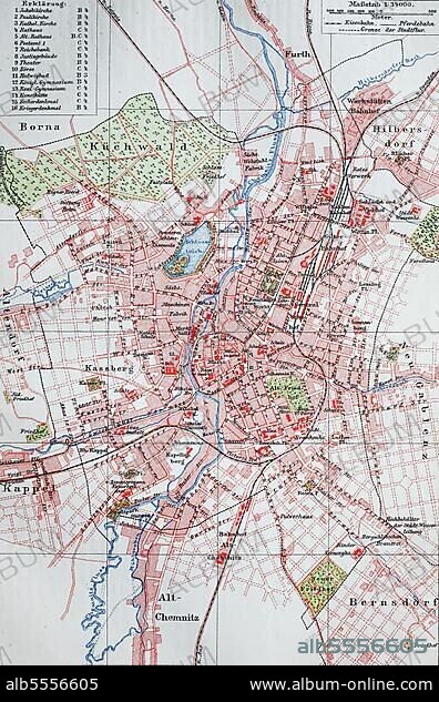 Stadtplan, 1892: Chemnitz, Germany, Deutschland, digital restaurierte Reproduktion einer Originalvorlage aus dem 19. Jahrhundert, Europe.