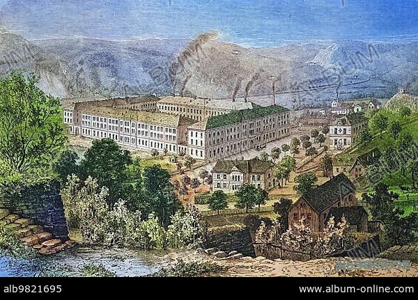 The Porcelain Factory in Meissen; Saxony; Germany; historical woodcut; circa 1870; Historic; digitally restored reproduction from a 19th century original; coloured; exact date unknown; Europe.