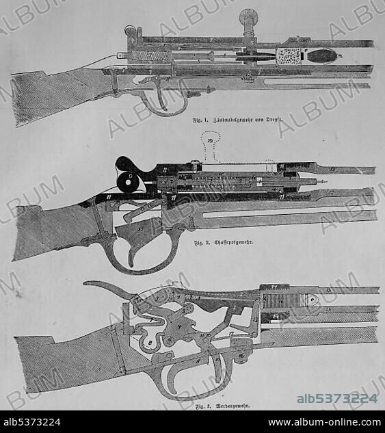 Rifles, 1870, beginning at the top: Dreyse needle-gun, Chassepot or Fusil modele 1866 and a Werder rifle, historic illustration, illustrated war chronicle 1870 to 1871, German campaign against France.
