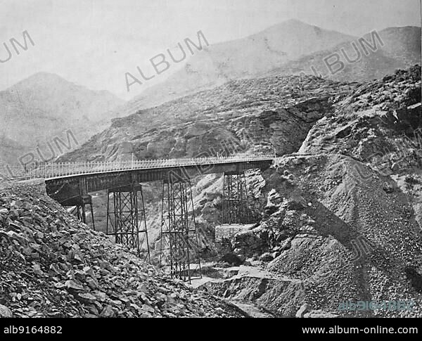 The railway bridge on the Valparaiso to Santiago railway line, ca 1880, Chile, Historic, digitally restored reproduction of a 19th century photographic original, South America.