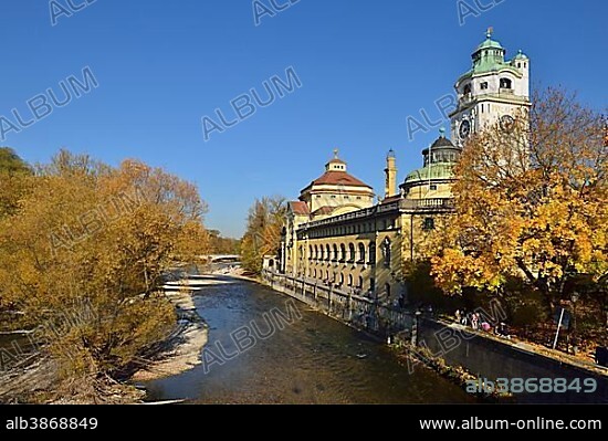Isar river and Art Deco Müllersches Volksbad, Munich, Bavaria, Germany, Europe.