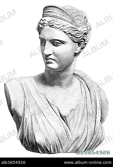 Artemis or Diana of Versailles, the goddess of the hunt, statue by Leochares in the Louvre, Paris, historical illustration.